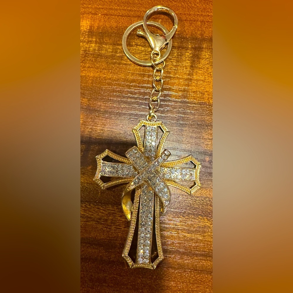 Cross Bag Charm\Keychain Goldtone with Rhinestones NWOT
